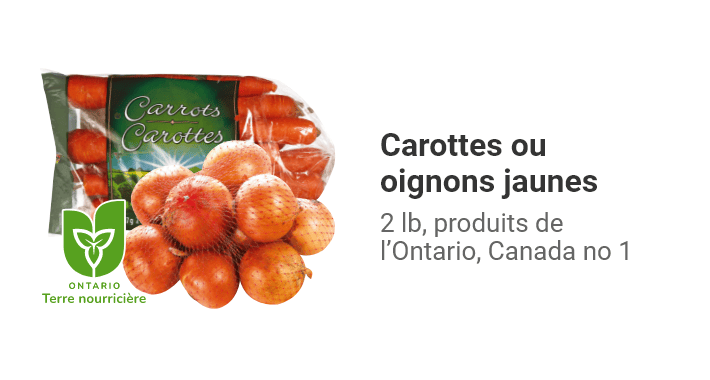 Carottes ou oignons jaunes 2 lb, produits de l’Ontario, Canada no 1.