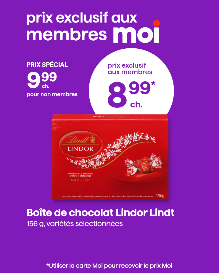 Prix exclusifs aux membres Moi. Boîte de chocolats Lindt Lindor, 156 g, variétés sélectionnées.