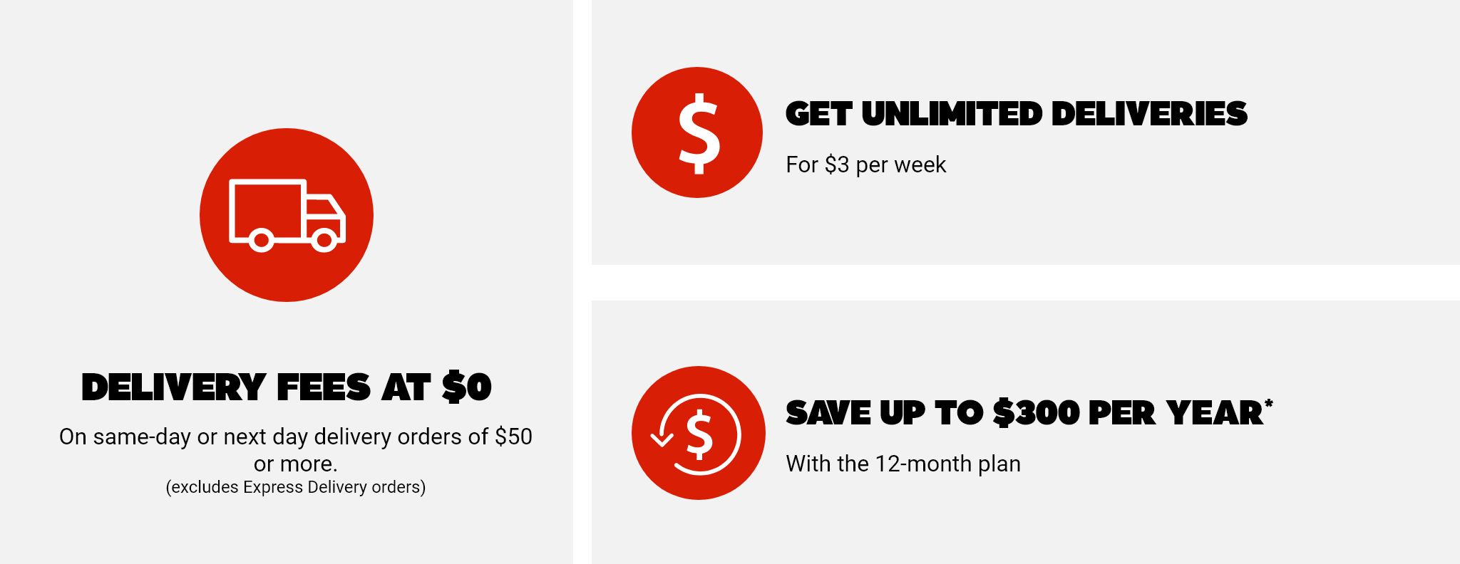 On same-day or next day orders of $50 or more. (excludes Express delivery orders) - 1: Get unlimited deliveries for less than $3 per week - 2: Save up to $300 per year with the 12-month plan*