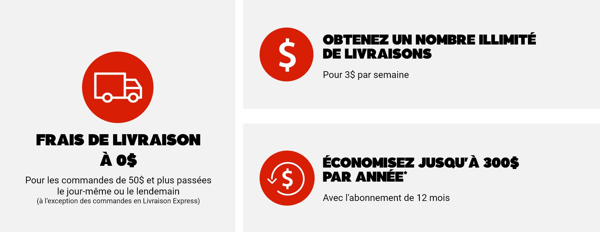 Frais de livraison à 0$ - Pour les commandes de 50$ et plus passées le jour-même ou le lendemain* (à l’exception des commandes en Livraison Express) - 1: Obtenez un nombre illimité de livraisons pour moins de 3$ par semaine - 2: Économisez jusqu'à 300$ par année avec l'abonnement de 12 mois*