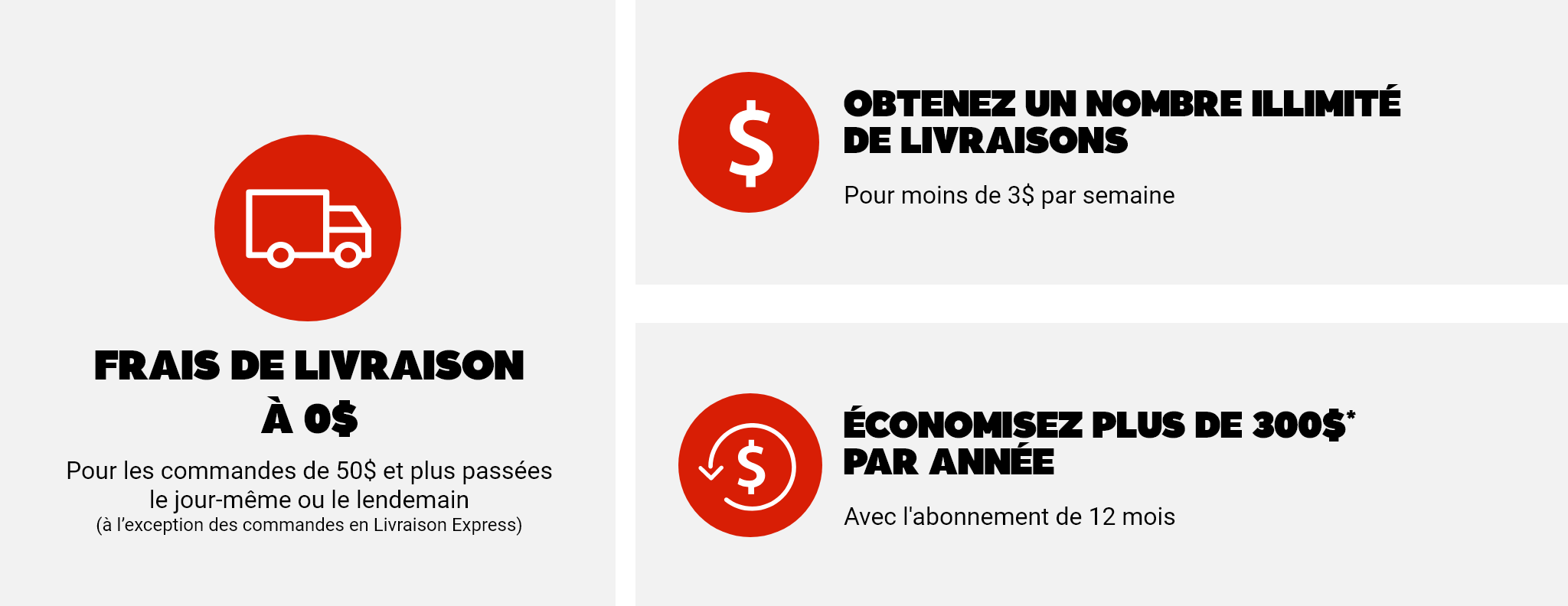 Frais de livraison à 0$ - Pour les commandes de 50$ et plus passées le jour-même ou le lendemain (à l’exception des commandes en Livraison Express) - 1: Obtenez un nombre illimité de livraisons pour moins de 3$ par semaine - 2: Économisez plus de 300$ par année* avec l'abonnement de 12 mois