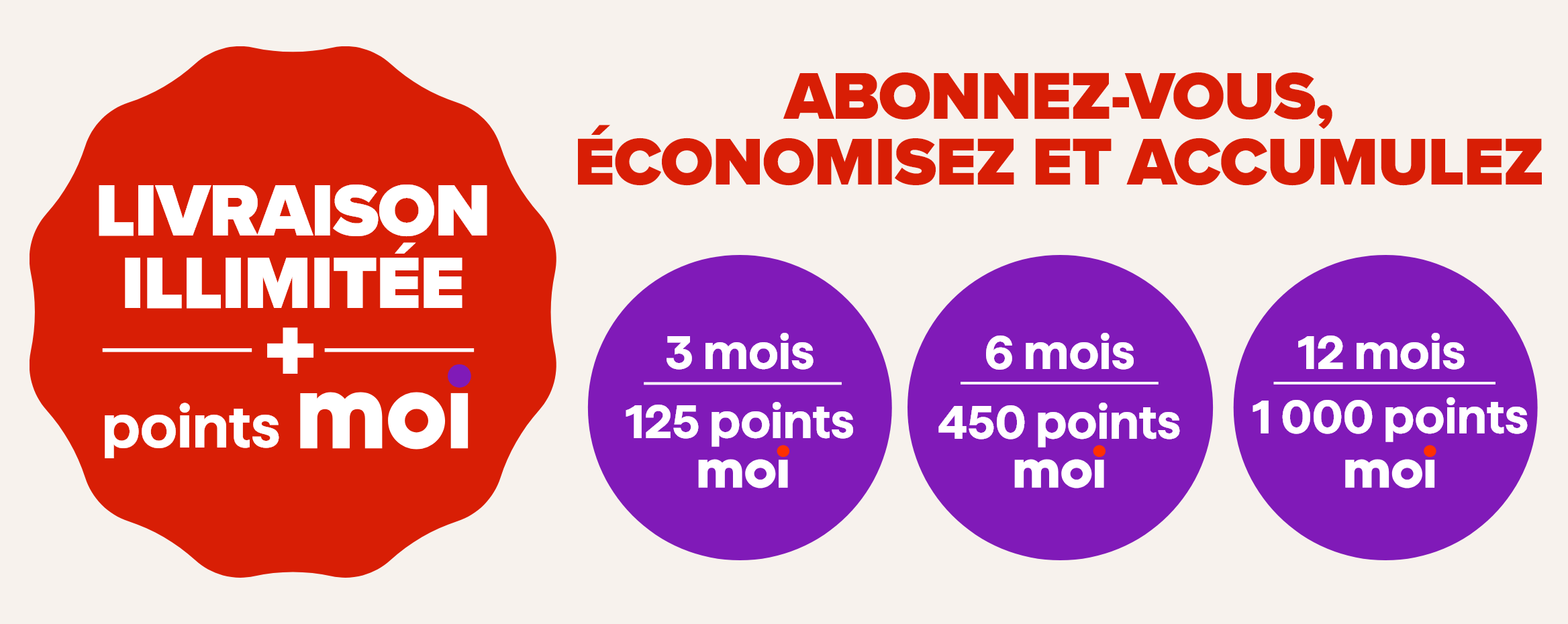 Livraison illimitée + points Moi. Abonnez-vous, économisez et accumulez. 3 mois - 125 points Moi, 6 mois - 450 points Moi, 12 mois - 1000 points Moi