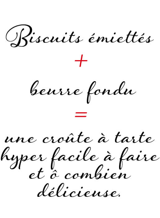 Biscuits émiettés + beurre fondu=une croûte à tarte hyper facile à faire et ô combien délicieuse.