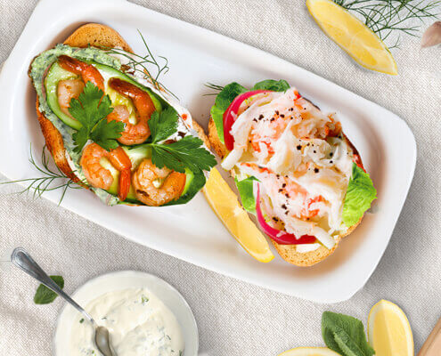 Crab meat and shrimp with cilantro open-faced sandwiches