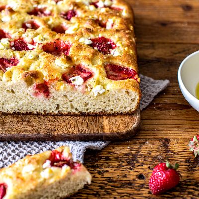 Focaccia with strawberries and feta cheese