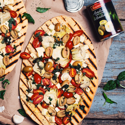 BBQ Pizza with Artichoke Hearts, Olives, and Halloumi Cheese