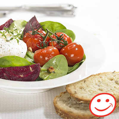 Roasted Tomato, Spinach, Beet and Poached Egg Salad