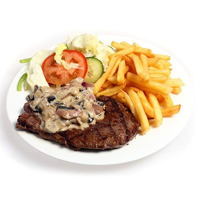 Steak and Fries with Mushroom Red-Wine Sauce