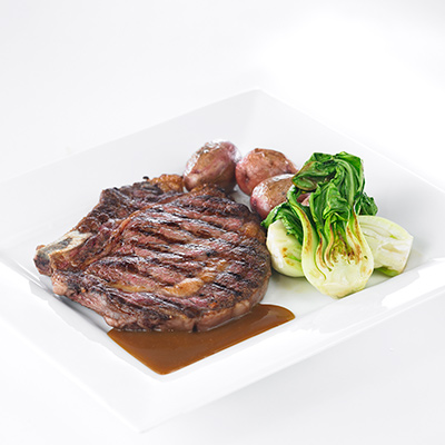 Rib Steak with Port Sauce and Baby Potato-Bok Choy Stir-fry