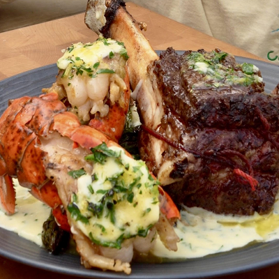 Grilled Short Ribs & Lobster Tail, with Garlic Cream Sauce