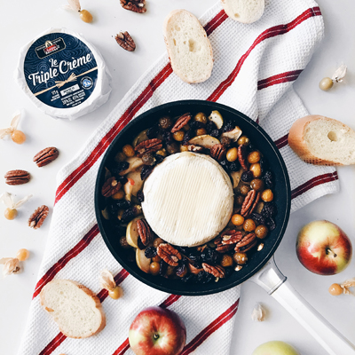 Oven-Baked Triple Cream Brie with Apples, Ground Cherries, Cranberries, Pecans, and Honey