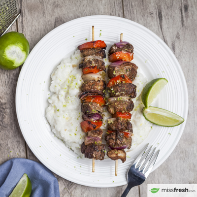 Caribbean-Spiced Grilled Pork Tenderloin Brochettes with Coconut Rice