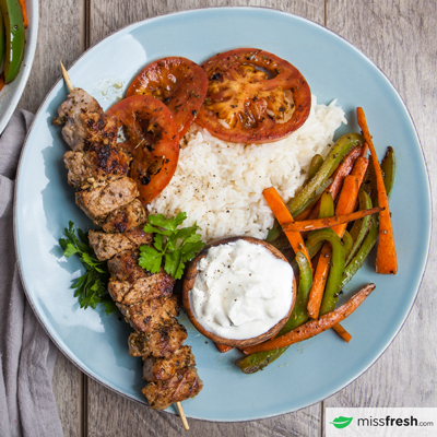 Pork Souvlaki Skewers with Lemon Rice and Summer Vegetables