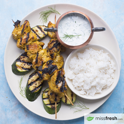 Curried Chicken Skewers with Fennel Yogurt Sauce