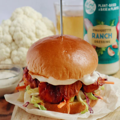 Buffalo Cauliflower Burger with Ranch Salad