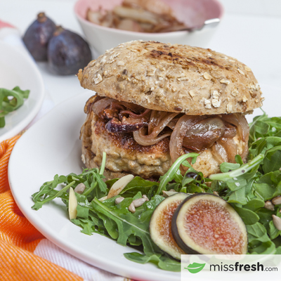 Chicken Burgers with Figs, Caramelized Onion and Arugula Salad