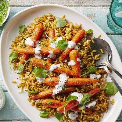 Roasted Spring Carrots over Herbed Kamut with Horseradish Yogurt Sauce