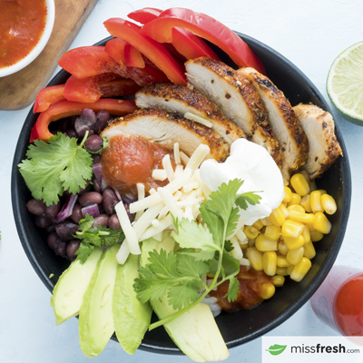 One-Pot chicken burrito bowl with black beans and cheddar cheese