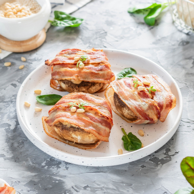 Champignons farcis aux noix de Grenoble, bacon et au fromage de chèvre