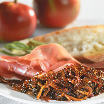 Apple-red-onion Confit with ham ciabatta sandwich