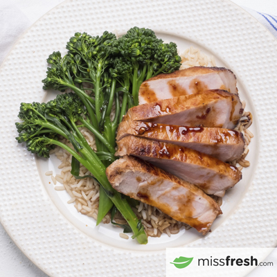 Teriyaki Pork Chops served with Brown Rice and Broccolini