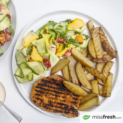 BBQ Crispy Pork Chops with Lemon Aioli with Roasted Red Potato and Summer Squash Salad