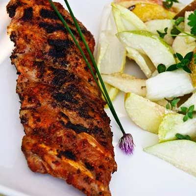 Quebec Grain-Fed Veal Spare Ribs Braised in cider with a salad of Crisp Peppers