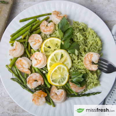 Lemon Butter Shrimp and Asparagus 
with Pesto Rice