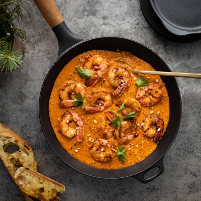 Crevettes à l’espagnole, sauce crémeuse aux poivrons rouges