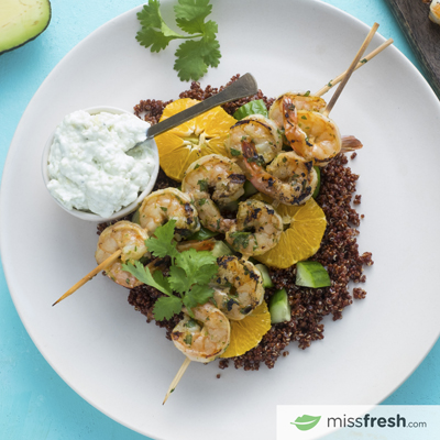 Lime Shrimps with Coconut Avocado Cream served with Fresh Cucumber and Orange Quinoa Salad