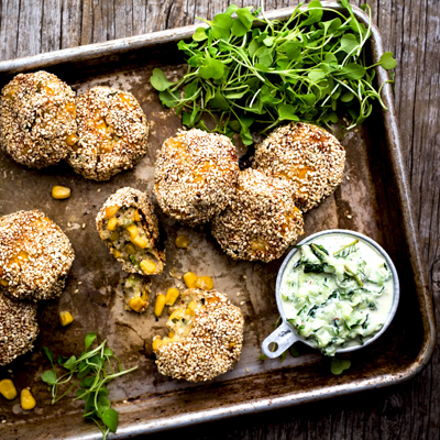 Quinoa, Corn, Lime Zest, and Sesame Chicken Nuggets