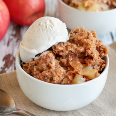 Apple Crisp with Vanilla Ice Cream and Cranberry Coulis