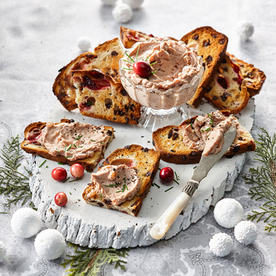 Chicken Liver Mousse with Port on Toasted Chocolate Cranberry Loaf