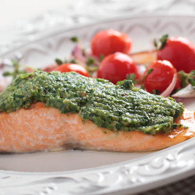 Salmon Steaks with Basil-Parmesan Pesto and Grilled Tomatoes