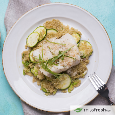 Dos de morue cuit au four, beurre nantais au thym et quinoa aux courgettes