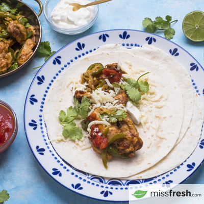 One Pan Chicken Fajitas with Salsa and Cheddar Cheese