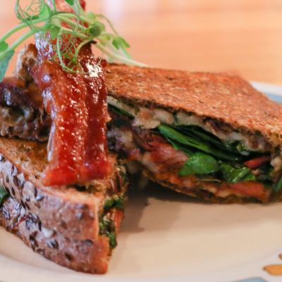 Grilled Cheese with Pulled Ham Hock and Olive Pesto