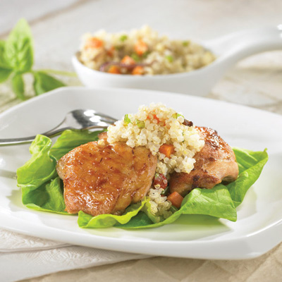 Baked chicken legs and hazelnut-flavoured quinoa