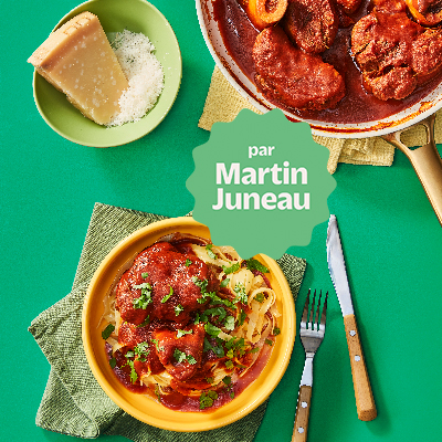 Jarret de veau braisé à la sauce tomate, tagliatelles au beurre et parmesan