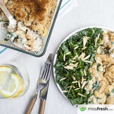 Macaroni gratiné au chou kale et amande