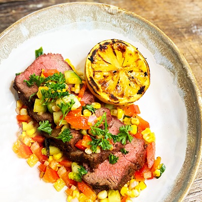 Cajun beef scoter and gilled corn salsa