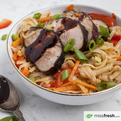 Hoisin-Glazed BBQ Pork Medallions 
with Stir-Fried Peanut and Veggie Noodles