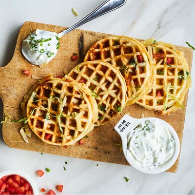 Chicken and Mini Waffles with Broccoli and Cheddar