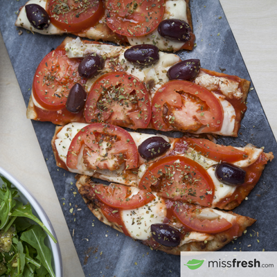 BBQ Naan Pizza with Arugula Salad and Italian Vinaigrette