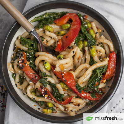 Peanut Udon Noodles with Kale, Edamame and Red Bell Pepper