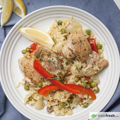 Chicken Paella with Saffron, Red Pepper and Peas