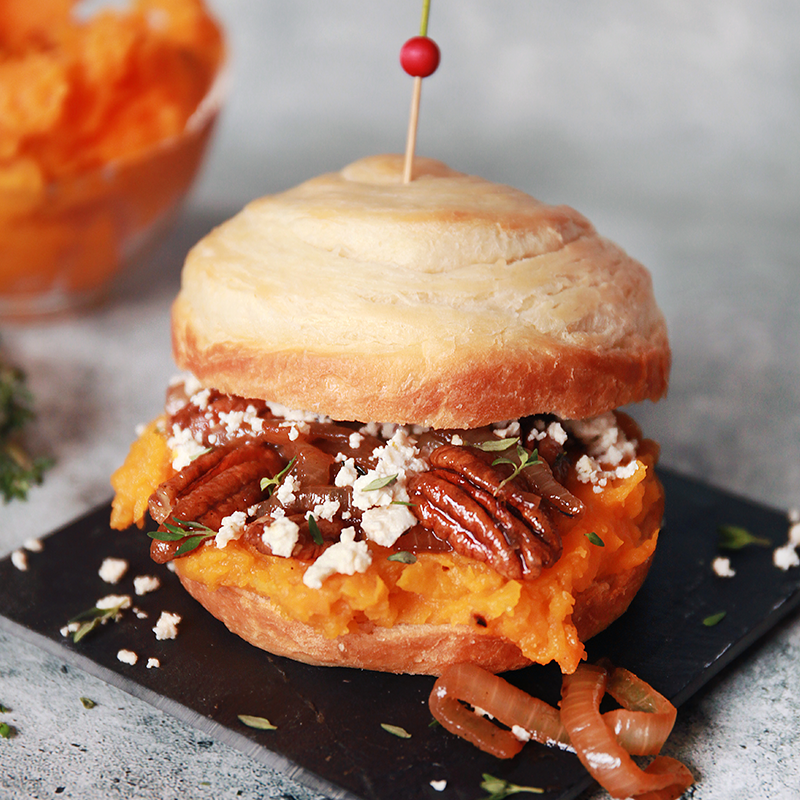 Brioche Bun with Squash, Caramelized Onions, Pecans and Goat Cheese