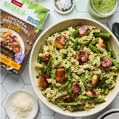 Gluten-Free Pea Pesto Pasta with Seared Scallops