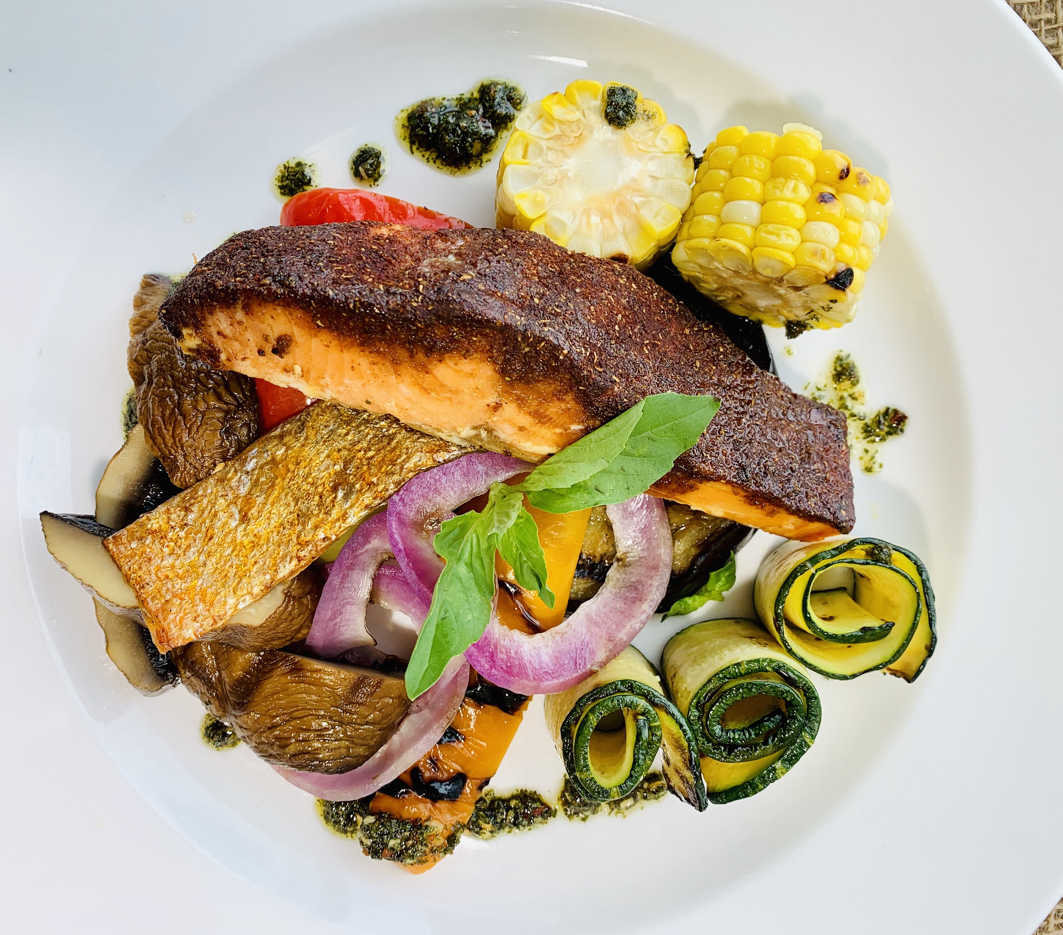 Grizzly Tennessee BBQ Coho Salmon and seasonal vegetables