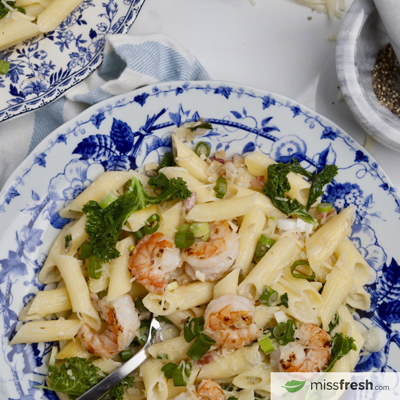 Penne with Shrimp and Bacon with Baby Kale